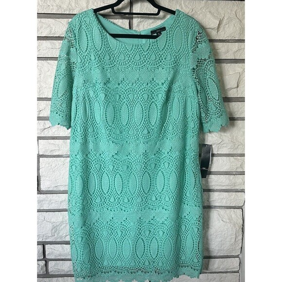 R & K Women's Size 18 Mint Green Lined Lace Knee Length Sheath Dress Cocktail - Picture 1 of 9
